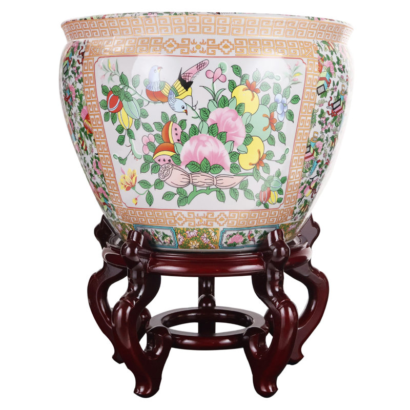 Floral Asian Design Cachepot Planter with Rose Medallion Painting, 14" H x 14" W x 9" D