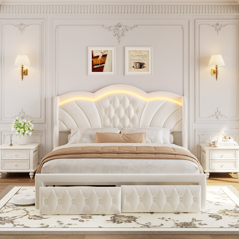 Lit rembourré en velours avec rangement Mouad, Beige, Très grand