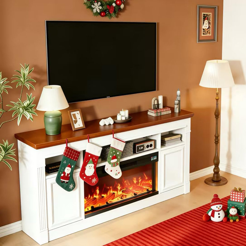 58" Fireplace TV Stand with Remote, 36" Electric Fireplace & 4 Flame Colors, Farmhouse Media Console, White