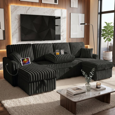 104" Reversible Sleeper Sofa Bed with Storage Chaise, 3-In-1 U-Shaped Pull-Out Couch Featuring Charging Station, Cup Holder & Side Pocket, Plush Corduroy Upholster, for Living Room, Apartment