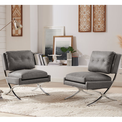 Adewunmi 26.38'' W Button Tufted Faux Leather Upholstered Armless Accent Lounge Chair (Set of 2)