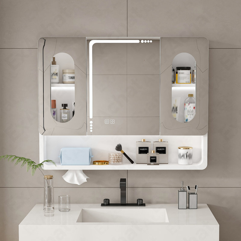 Armoire de salle de bain murale à miroir avec lumières DEL, anti-buée et anti-déflagrant, armoire à pharmacie tactile, éclairage 3 couleurs, désembueur, rangement avec verre transparent