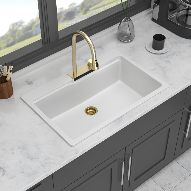 Drop In Waterfall Kitchen Sink - 33" X 22" X 10" White Composite Granite Quartz Single Bowl Workstation Kitchen Sink With Pull-Down Faucet