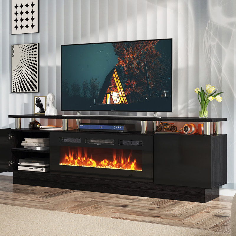 Kazimieras 70" TV Stand for TVs up to 80" with Electric Fireplace, Media Console with 12 LED Color, Black