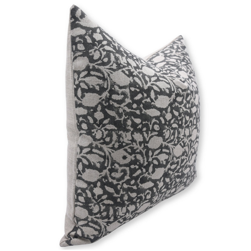 Block Print Throw Pillow Cover, 29 Thick Linen Decorative Cushion Cover, 22" x 22", Square, Light Gray Floral 5