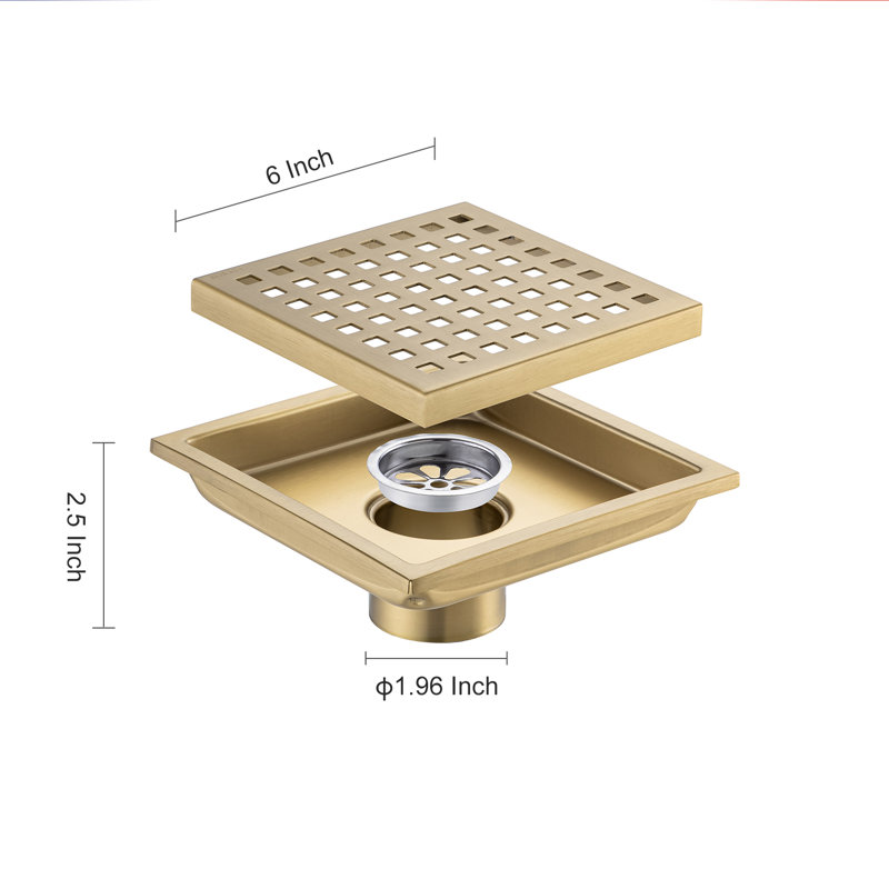6 in. x 6 in. Stainless Steel Square Shower Drain with Square Pattern Drain Cover, Brushed Gold