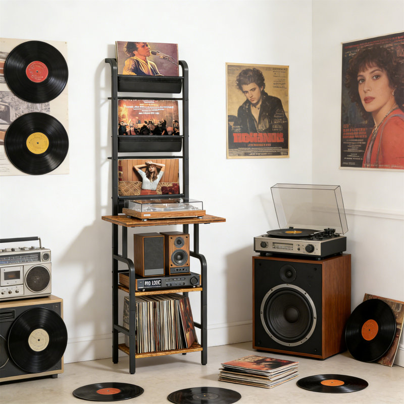 Record Player Stand With Vinyl Storage For Up To 250 Albums And Display Shelf