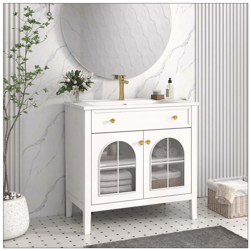 Meuble-lavabo de salle de bain Mid-Century avec capteur de mouvement et verre à motif, White