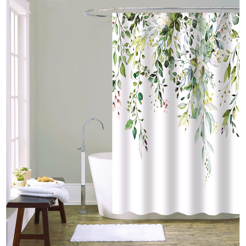 Rideau de douche en polyester avec crochets et feuilles en métal