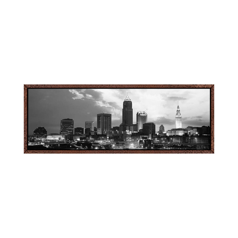 Cleveland Panoramic Skyline Cityscape (Black & White - Sunset) by Unknown Artist - Floater Frame Panoramic Gallery-Wrapped Canvas Giclée on Canvas