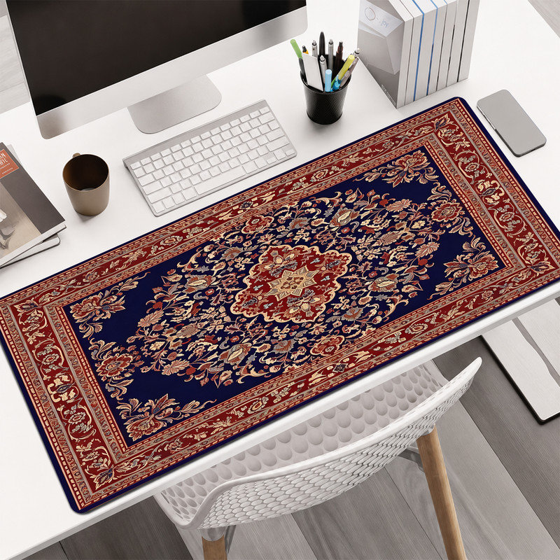  Tapis de souris en caoutchouc, surface en microfibre lisse, base antidérapante, tapis de souris décoratif à bord arrondi pour le bureau et les jeux, 17 po x 47 po, design persan rouge marine