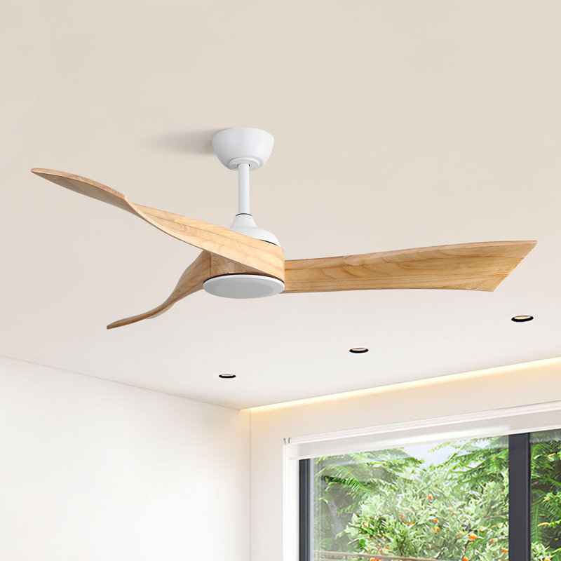 Kemp 52'' 3-Solid Wood Blade Modern Propeller Ceiling Fan with Remote Control and no Light, White with Burlywood Blades