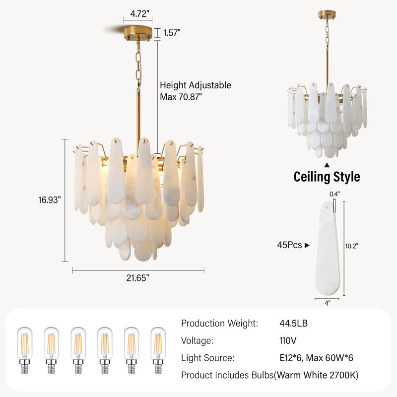  Norinne 21.7" 4-Tiers Luxury  Round Alabaster Gold Chandeliers for Foyer Dining Bedroom Table Kitchen Island Living Room Entryway