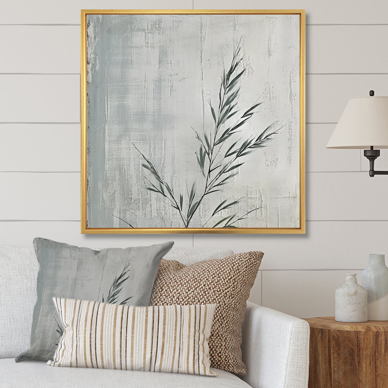 Feuilles grises, pin étain sur toile, H 30 po x l 30 po x P 1 po, Cadre flottant doré