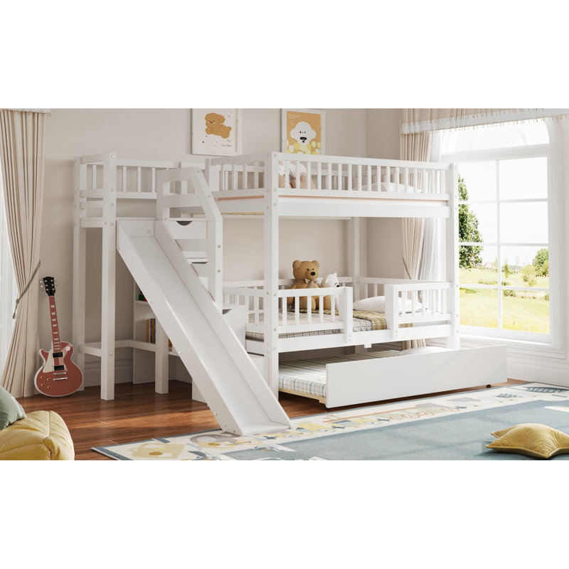  Lit superposé simple au-dessus de simple avec escalier de rangement, toboggan et lit gigogne, structure en bois robuste, blanc