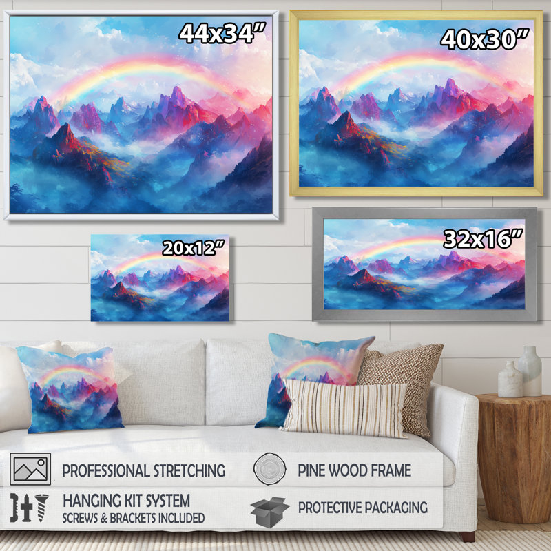 Arc-en-ciel au-dessus des montagnes - art mural arc-en-ciel, H 12 po x l 20 po, Cadre crème crème