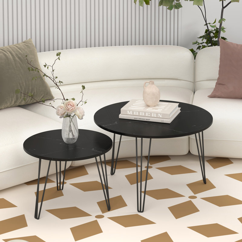 Ensemble de 2 tables basses gigognes rondes de 27,56 po, plateau en marbre et base en métal robuste pour le salon et la chambre à coucher