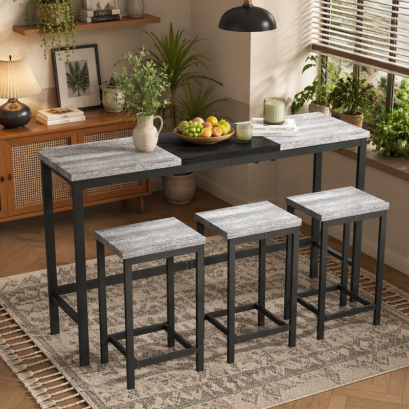 Table de salle à manger de cuisine moderne, table de pub, ensemble de table de salle à manger longue avec 3 tabourets, conception de tabouret suspendu pratique