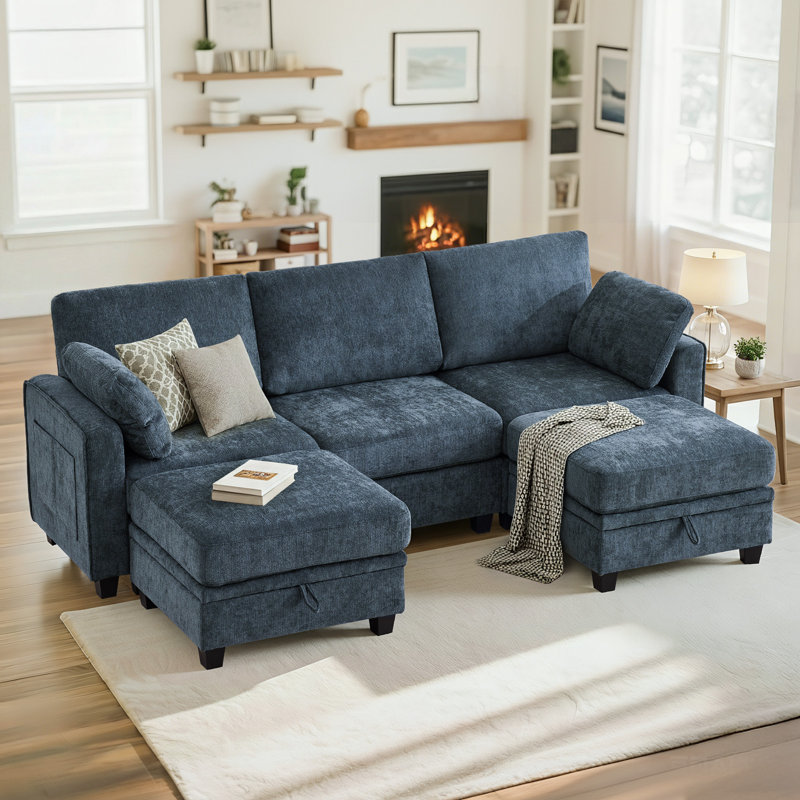 5 - Piece Chenille Modular Sectional Sofa Couch With Storage Ottomans, Blue