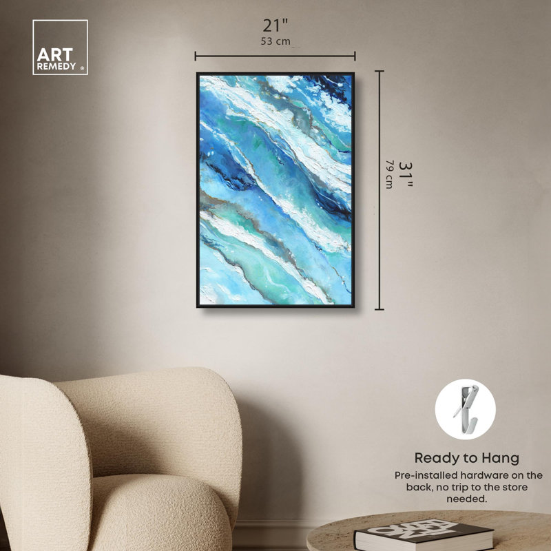 «Blue Abstract Canvas Vibrant Coastal Wall Art» par Art Remedy, H 31 po x l 21 po, Cadre noir