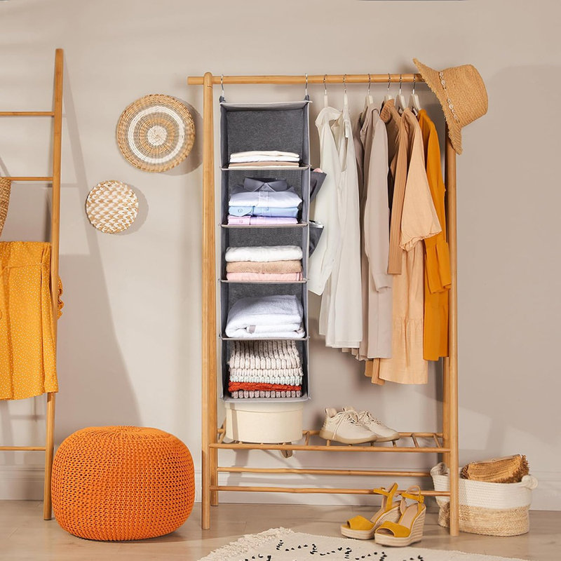 Organisateur de placard suspendu avec tablettes - gris - étagère à 5 niveaux avec 2 poches latérales, solution de rangement pliable