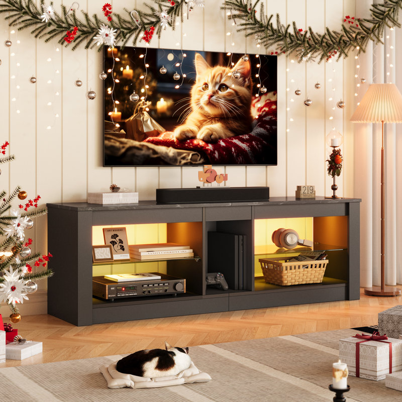 Meuble télé avec tablettes en verre Roika, Noir