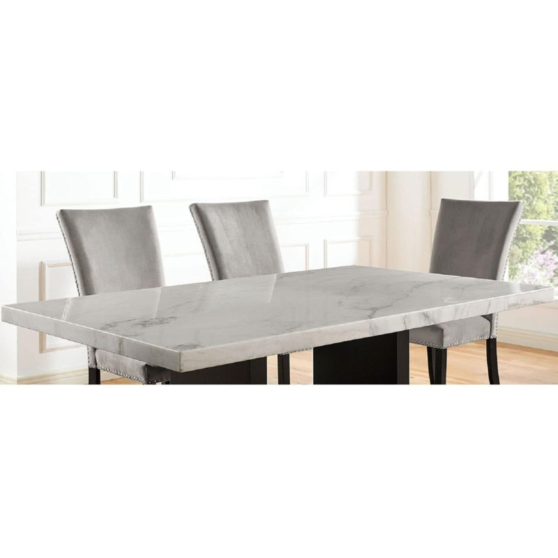 Table de salle à manger attrayante et élégante en marbre véritable blanc avec plateau en bois massif, 30" H x 70" W x 42" D