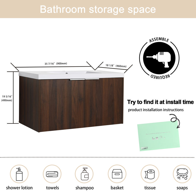Ensemble de meuble-lavabo simple mural avec plateau en résine Acorn Finish, H 19,38 po x l 36 po x P 18,18 po, Brun