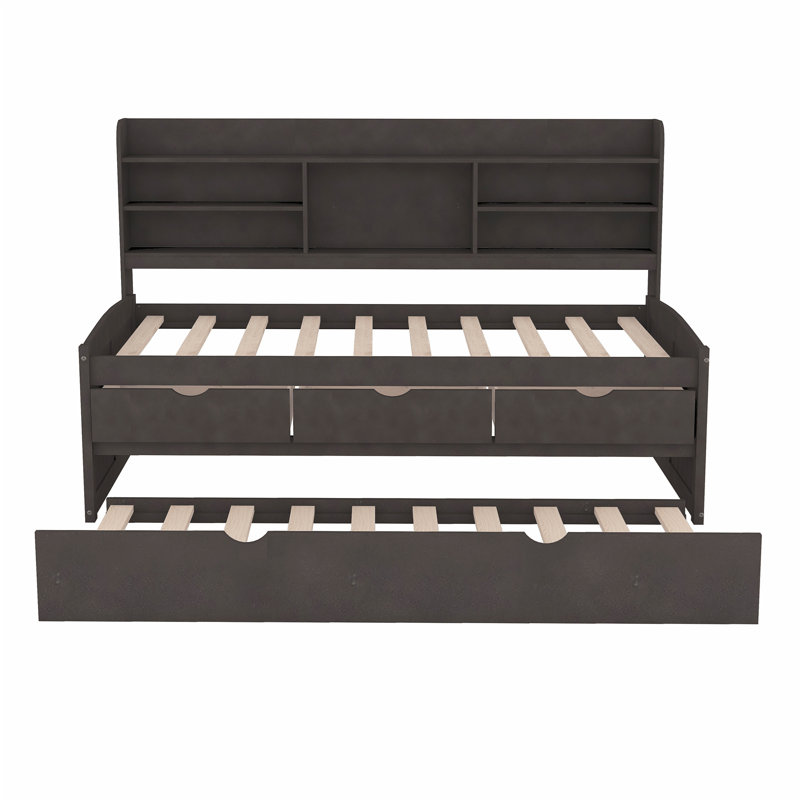 Wooden Captain Bed with Built-in Bookshelves, Antique Gray, Twin