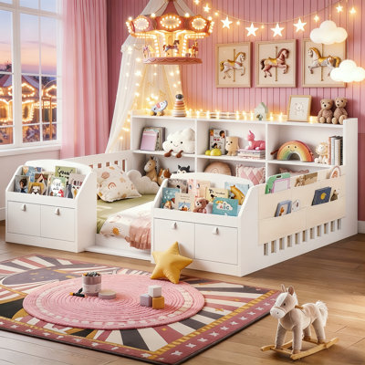 Full Montessori Floor Bed With Bookcase & Guardrails Storage Kids Grounded Bed, Mother & Child Low-Profile Bed