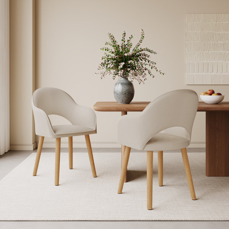 49.5cm H Luxury Fabric Upholstered Dining Chair with Wooden Legs, Beige Linen/Natural, 2
