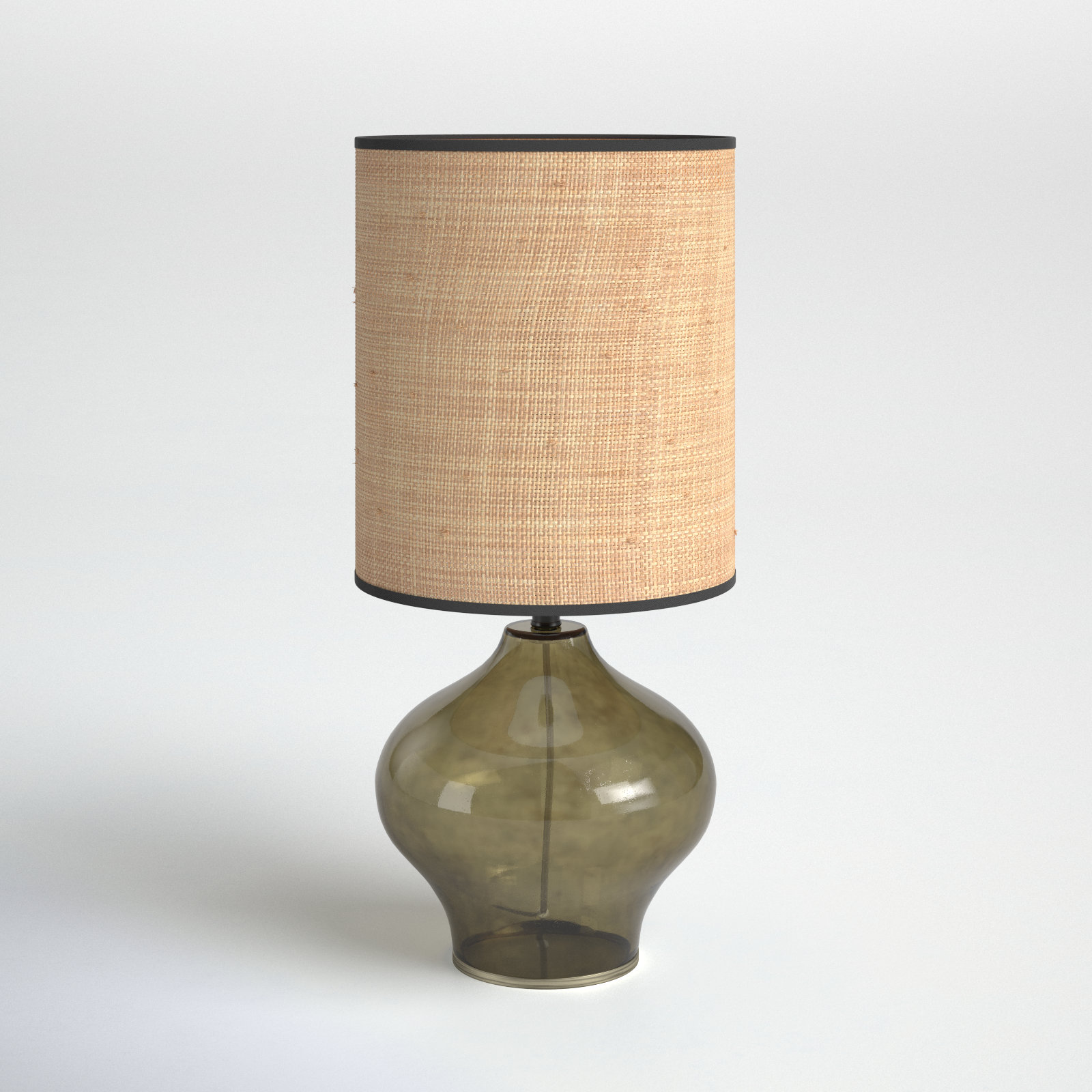 Philomena Glass Table Lamp, Dark Green/Black, Natural Woven Rattan/Black Trim, 23.50" H x 11" W x 11" D