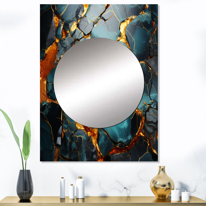 Girate or et topaze verte agate granit VI - miroir abstrait, miroir mural décoratif moderne, impression d'art en métal