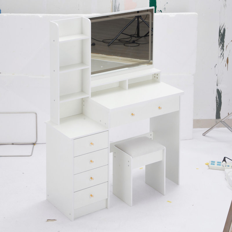 41" Left Bedside Cabinet Vanity Table With Cushioned Stool, Touch Control LED Mirror, 3-Color Switch, Multi Layer High Capacity Storage Fashionable Dresser, Suitable For Large Space