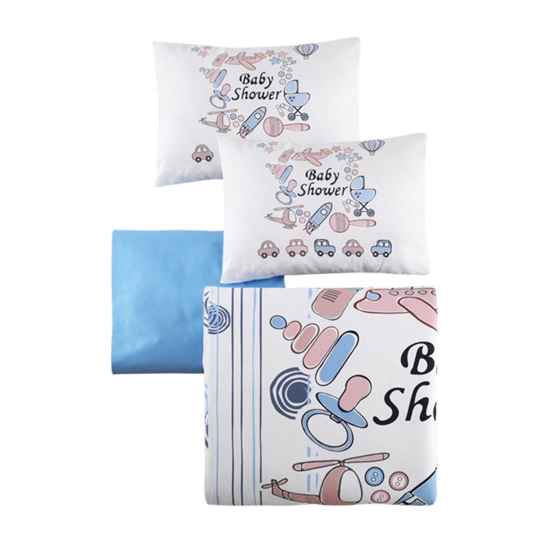 Ensemble de housse de courtepointe 100% coton Ranforce Baby, blanc et gris avec détails bleus et noirs | Housse de couette 39,4 po x 59,1 po, drap plat 39,4 po x 59,1 po, 2 taies d'oreiller 13,8 po x 17,7 po | Fermeture à boutons et enveloppes, contextu