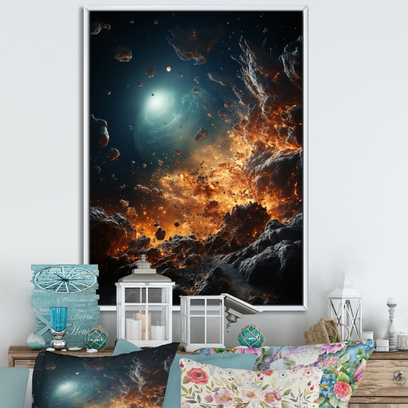 Asteroids planète orange II - impression sur toile Asteroids, H 44 po x l 34 po x P 1,5 po, Cadre flottant blanc