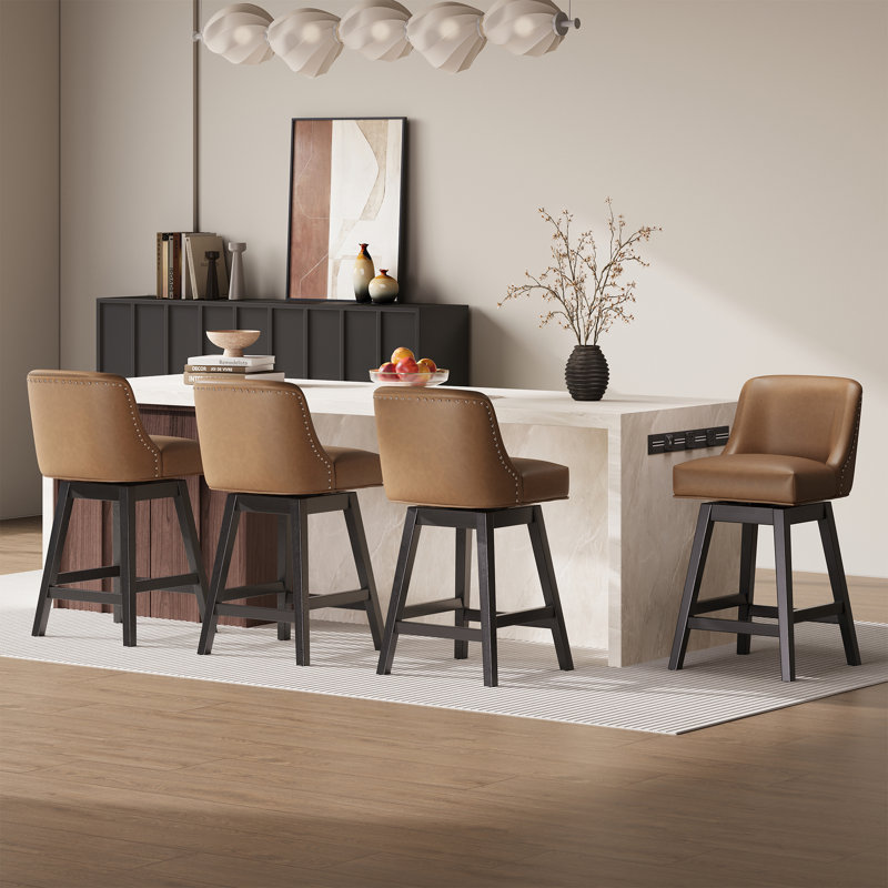 Swivel Upholstered Bar Stool with Solid Wood Frame, Brown, 4