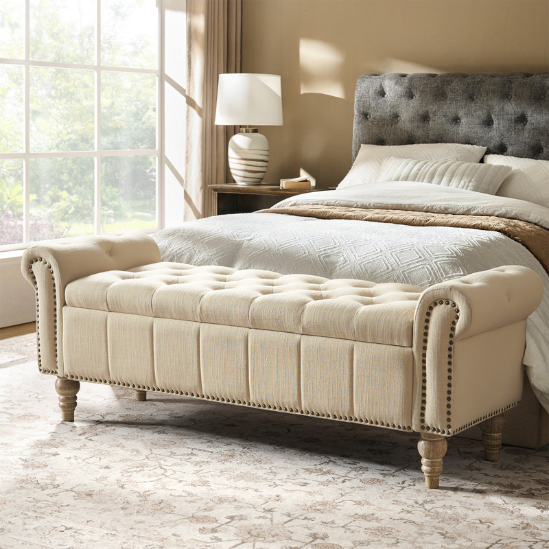 Georgia 58.5'' W  Traditional Classic Storage Bench with Solid Wood Legs and Nailhead Trim, Linen