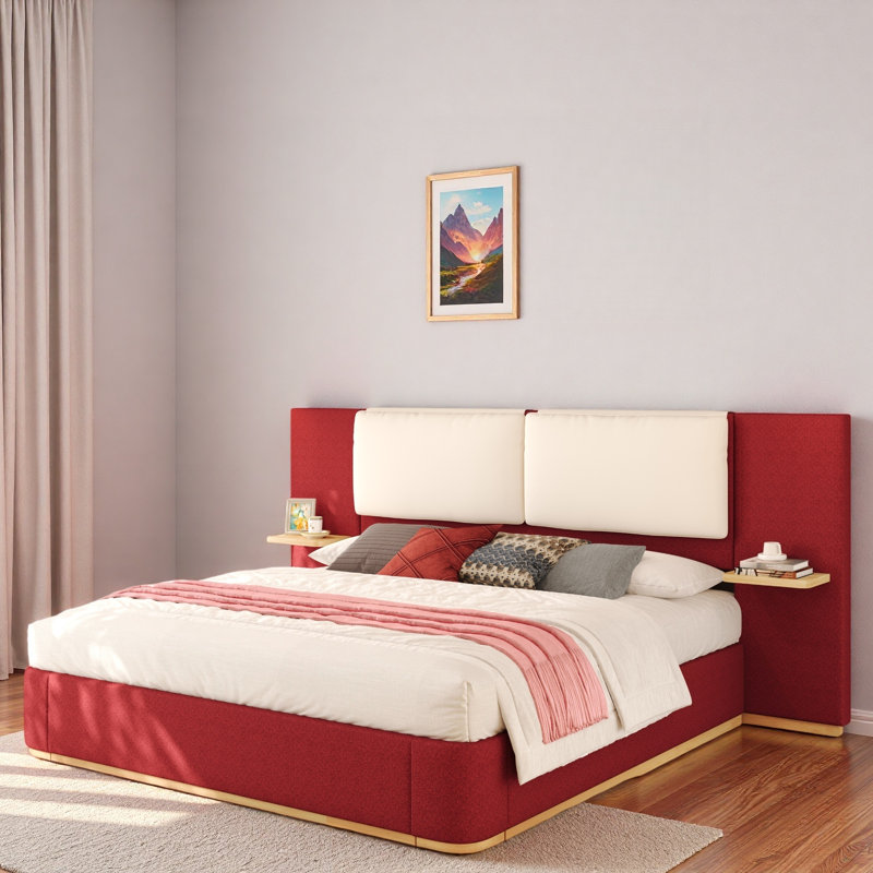 Lit plateforme tapissier avec tablettes, Rouge, Très grand lit