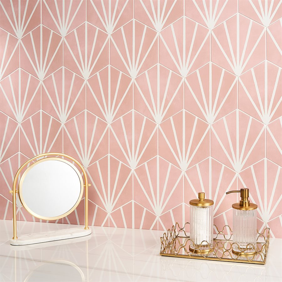 GeoHex Deco 8" Porcelain Tile, Blush
