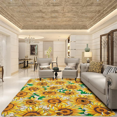 Tapis tournesol, tapis imprimé tournesol jaune rétro HD, tapis décoratif floral moderne antidérapant pour salon, chambre, salle de jeux, bureau, lavable, 183 x 250 cm
