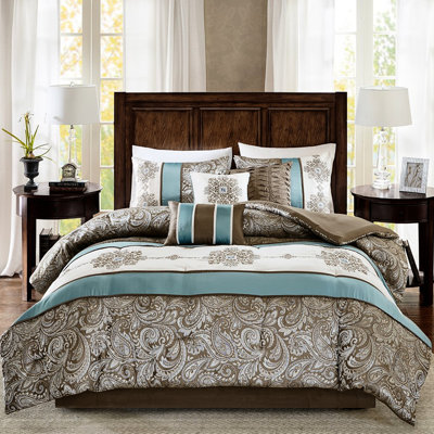 King Comforter In Blue With Paisley And Appealing Brown Details 7 Piece For Bed Detail