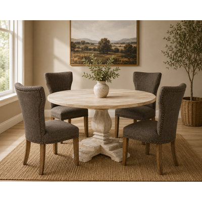 Ensemble de table de salle à manger 4 personnes Benedict avec table ronde et 4 chaises en bois massif gris