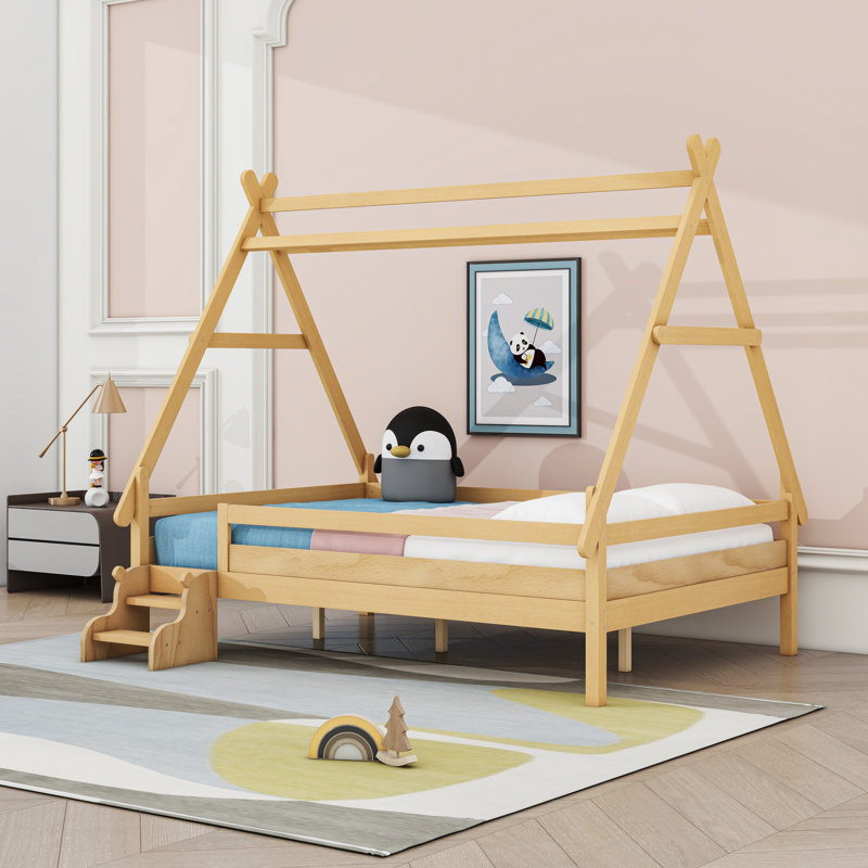Wood Low Profile House Platform Bed, Natural, Full