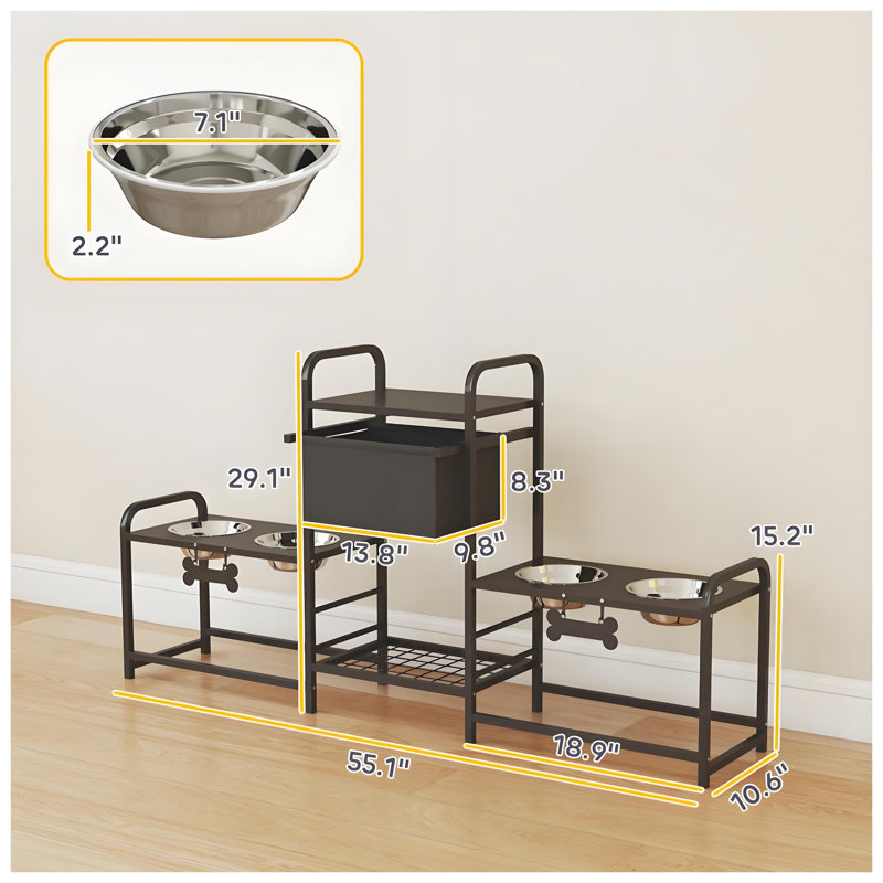 Support de bol pour chien à hauteur ajustable avec tablettes de rangement, métal noir et station d'alimentation pour animaux Oxford