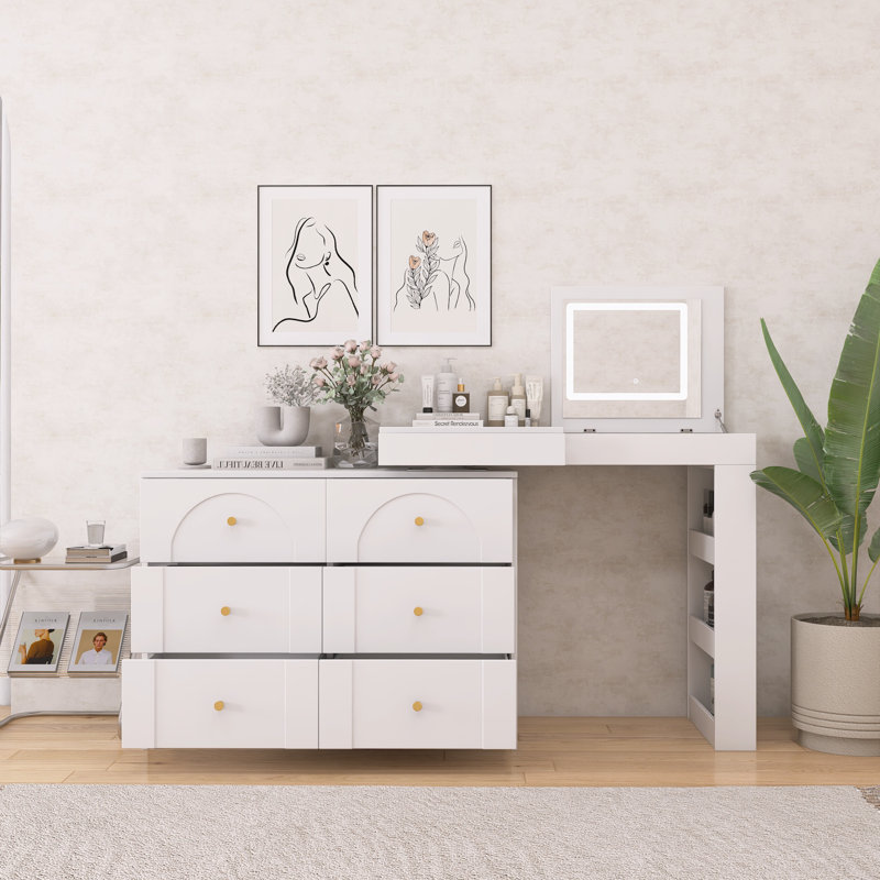 Meuble-lavabo avec miroir et lumières - plateau de table rabattable, 7 tiroirs, modes de couleur réglables, Blanc