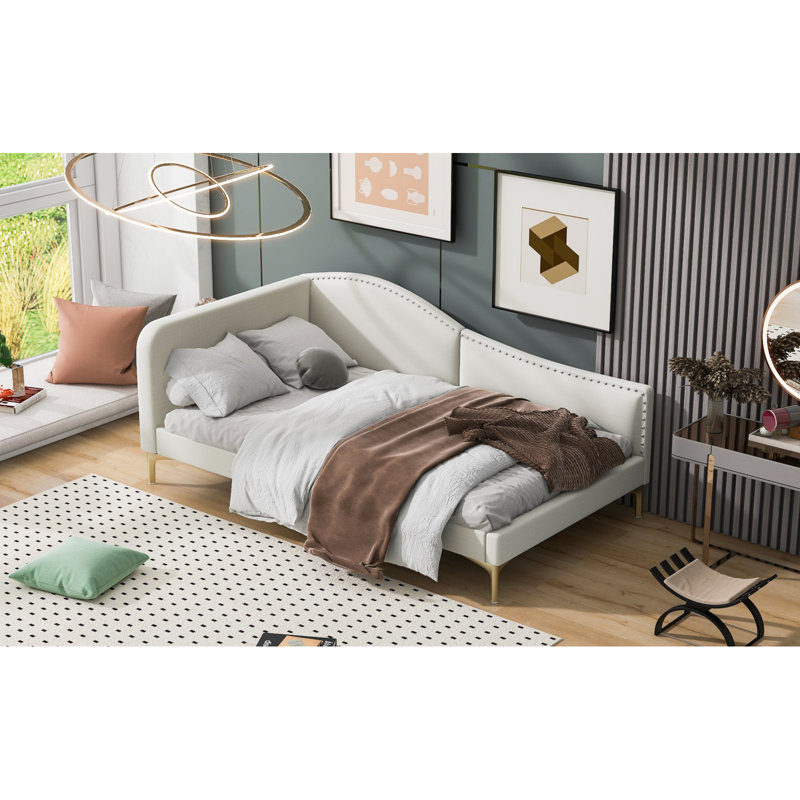 Lit de jour simple tapissier avec tête de lit et accoudoirs, pieds de soutien, beige, Beige, Lit simple