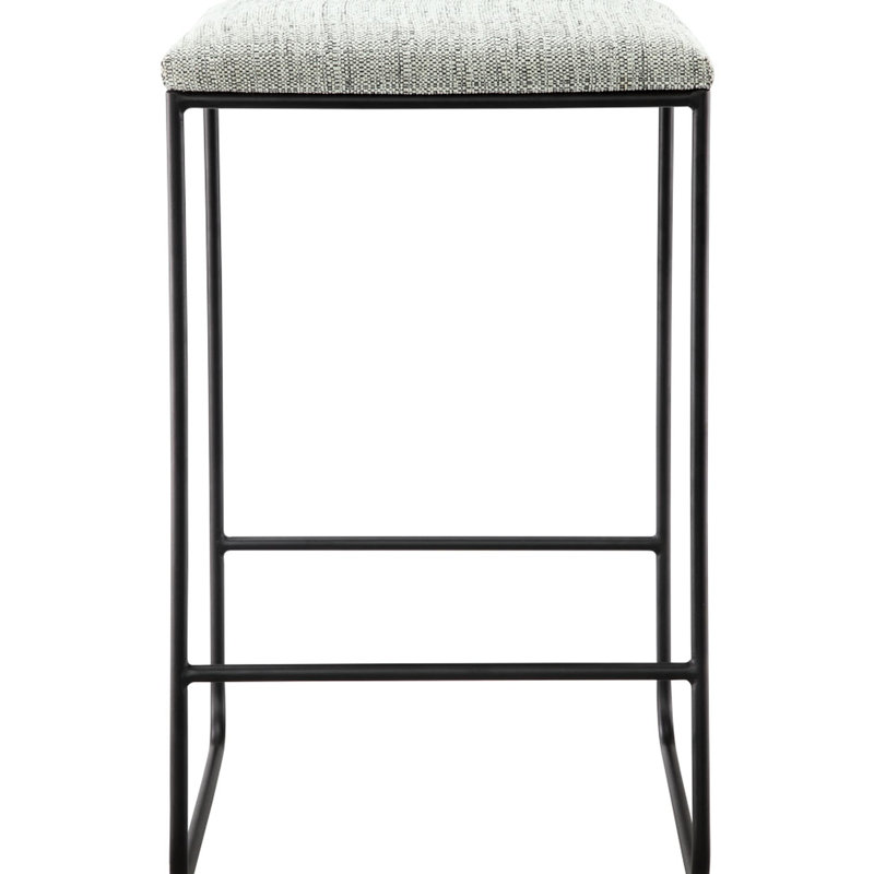 Tabouret de comptoir avec siège en faux lin gris élégant et structure en métal noir mat, base texturée fine sans assemblage,