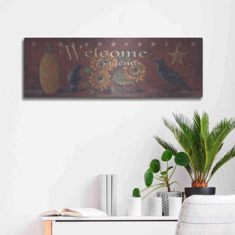 «Welcome Friends» par Pam Britton, art mural en métal, H 12 po x l 36 po