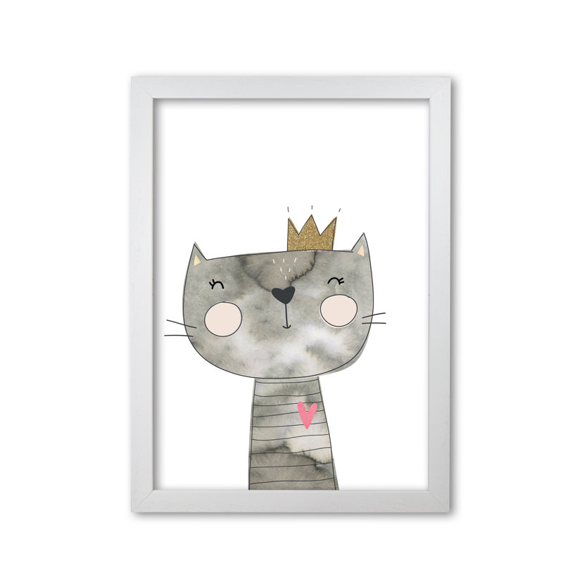Scandi Grey Cat - Painting, White Grain Frame, 30 cm H x 21 cm W x 5 cm D